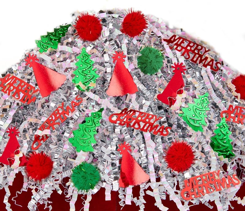 PAPER FAIR 1LB Christmas Crinkle Cut Paper Shred Filler Diamond White Metallic Silver Raffia Grass w/Green Red Pompoms, Xmas Candy Cane Gift Box Basket Wrap Craft Bedding Cushion - Image 1